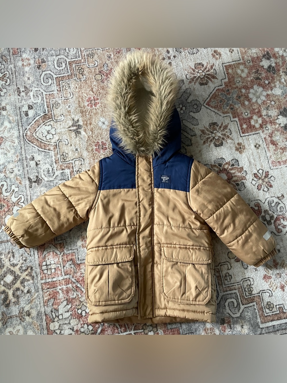 Osh Kosh Bgosh 4T Puffer Winter Jacket with Faux Fur Hood - Tan and Navy